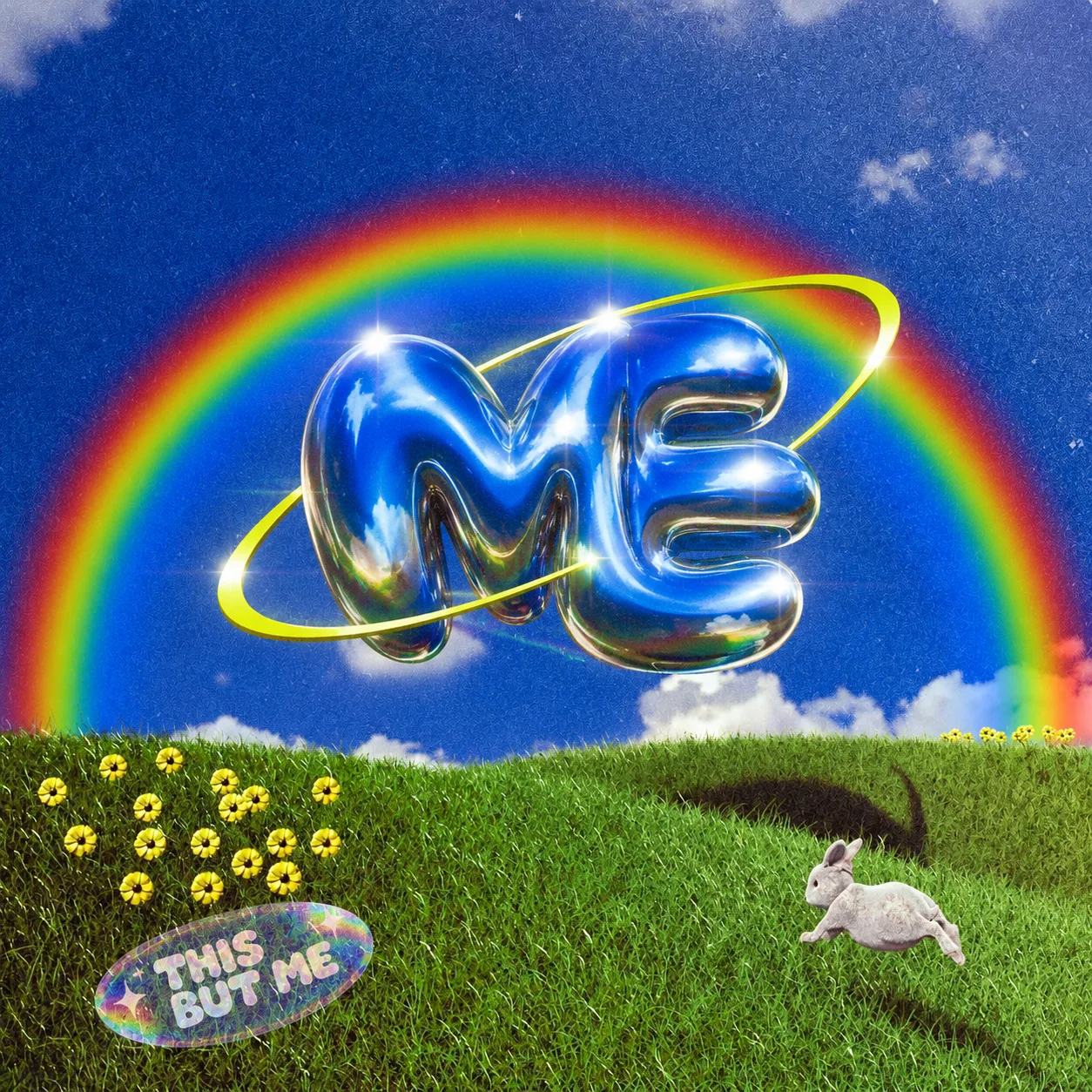 A glossy blue ME balloon under a rainbow over a green hill